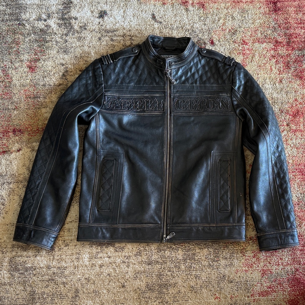 Buckle Affliction Black Quilted Leather Bomber Jacket